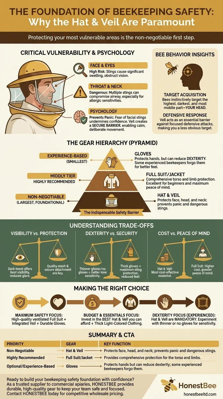 모자와 베일이 양봉 보호 장비 중 가장 중요한 부분으로 여겨지는 이유는 무엇인가요? 얼굴과 자신감을 위한 필수 보호 장비 시각적 가이드