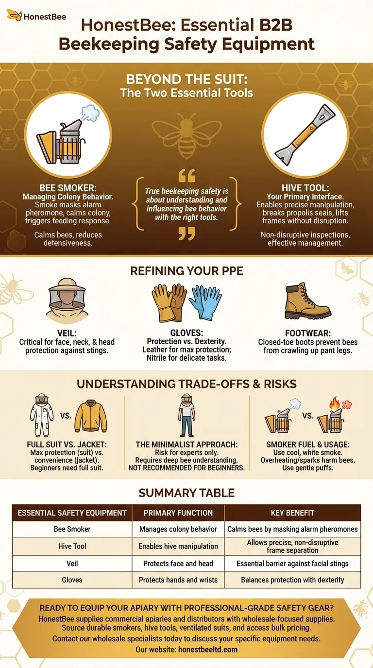 What additional safety equipment should beekeepers use? Essential Tools for Hive Management Visual Guide