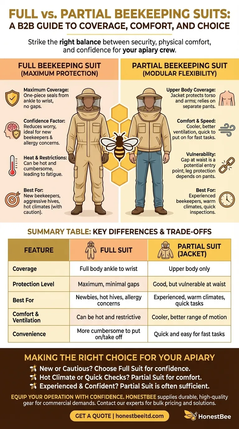 What are the differences between a full beekeeping suit and a partial beekeeping suit? Choose the Right Protection for Your Apiary Visual Guide