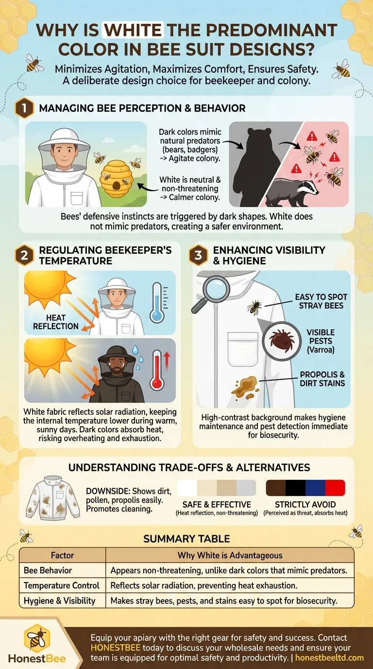 Why is white the predominant color in bee suit designs? | Key to Hive Calm & Beekeeper Safety Visual Guide