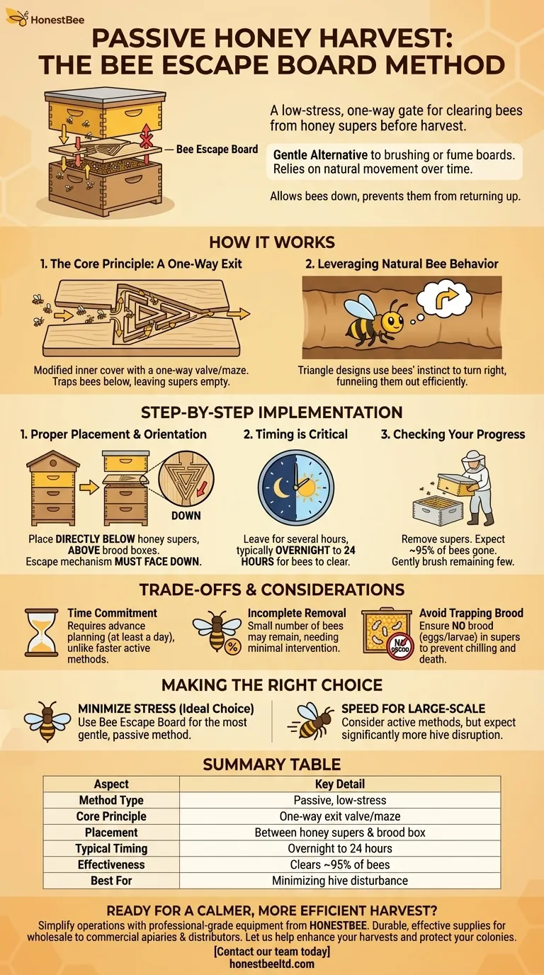 What is the method of separating bees from honey supers using the Bee Escape Board? A Gentle, Low-Stress Harvesting Guide Visual Guide