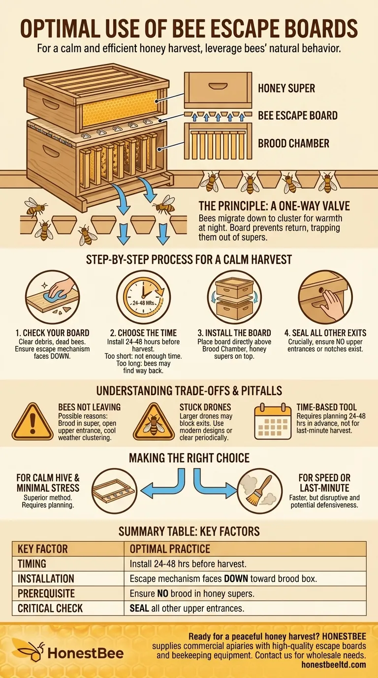 How should bee escape boards be used for optimal results? A Guide to a Calm, Efficient Honey Harvest Visual Guide