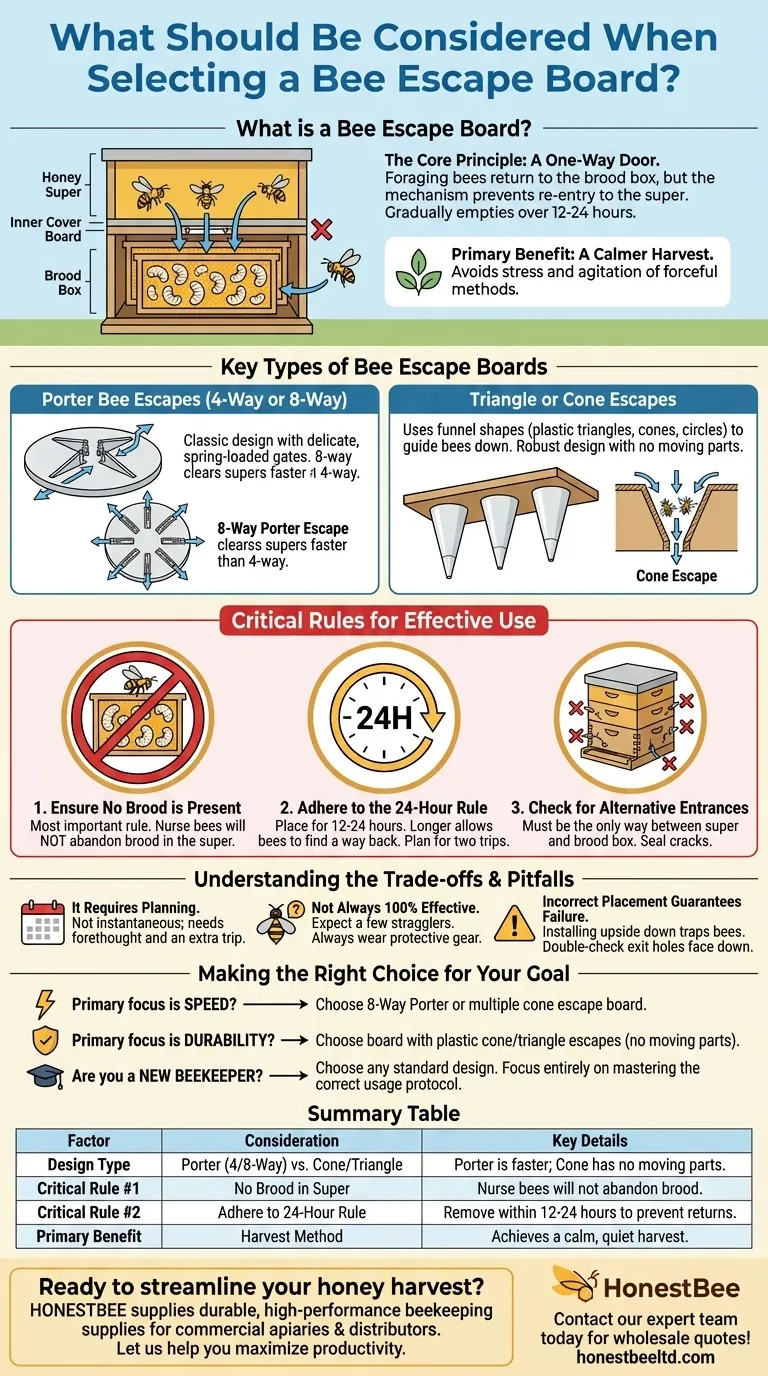What should be considered when selecting a bee escape board? Ensure a Calm, Efficient Honey Harvest Visual Guide