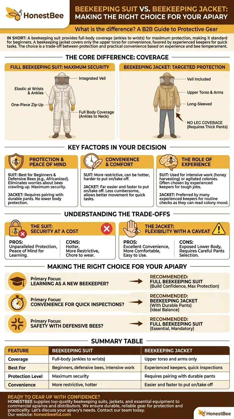 What is the difference between a beekeeping suit and a jacket? Choose the Right Protection for Your Apiary Visual Guide