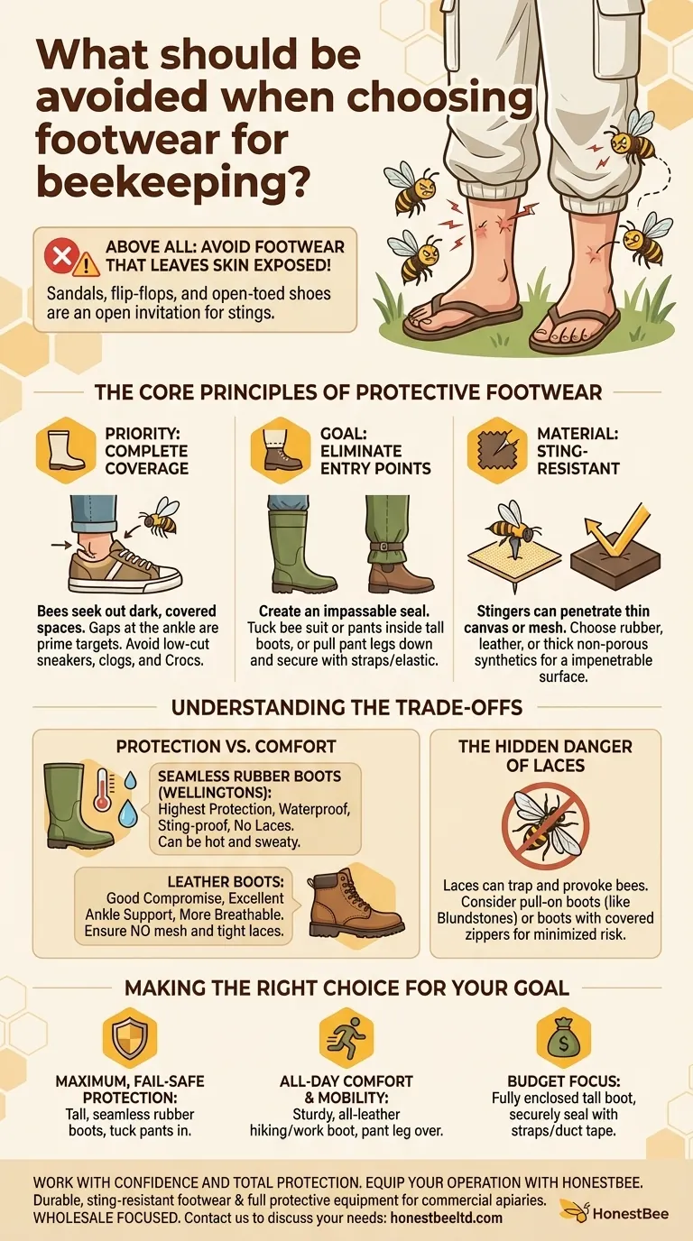 What should be avoided when choosing footwear for beekeeping? Ensure Complete Protection from Stings Visual Guide
