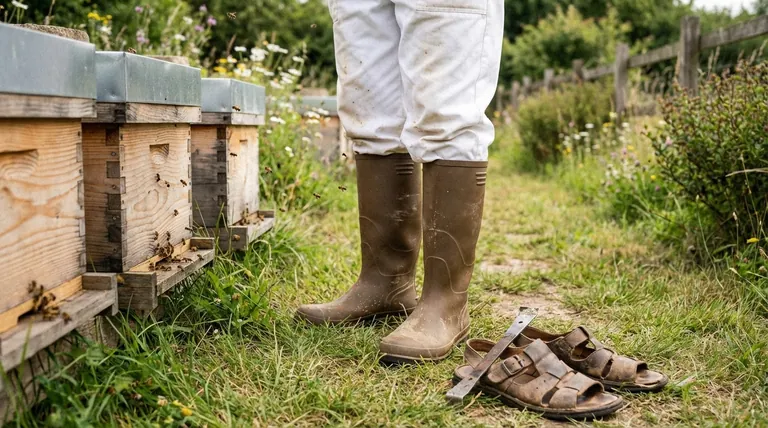 What should be avoided when choosing footwear for beekeeping? Ensure Complete Protection from Stings
