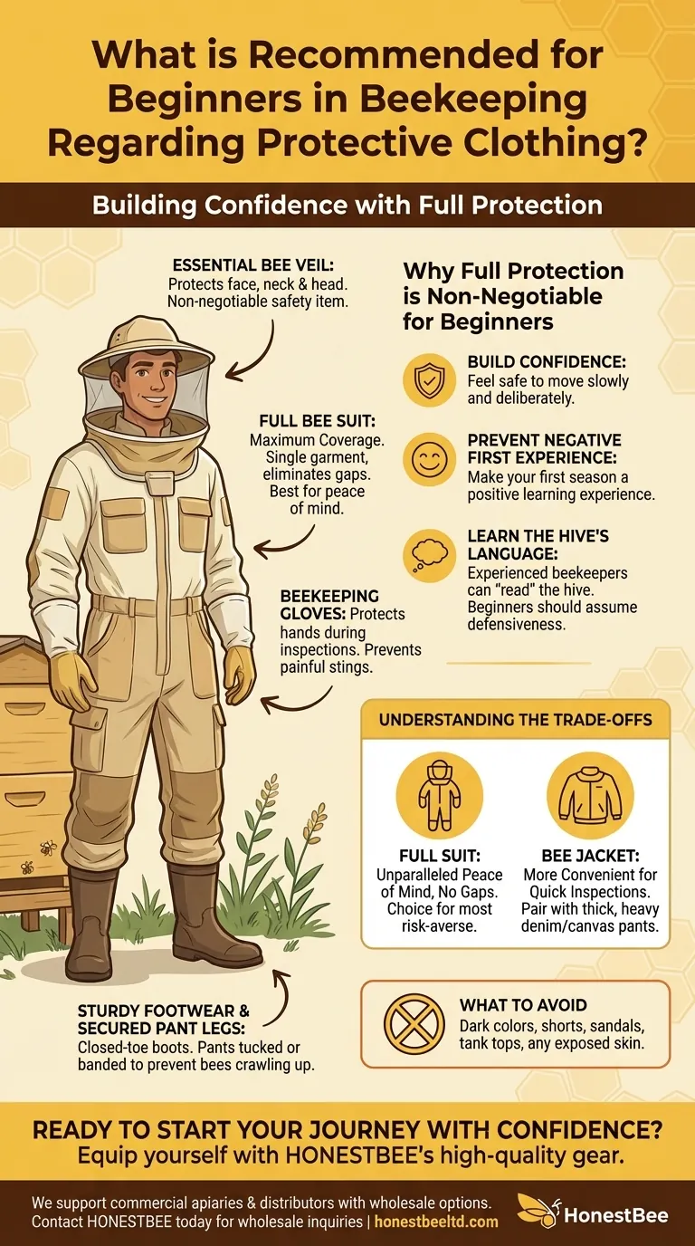 What is recommended for beginners in beekeeping regarding protective clothing? A Complete Safety Guide for New Beekeepers Visual Guide