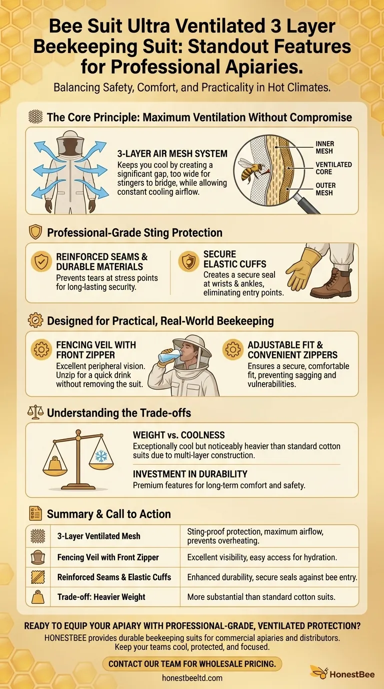What are the standout features of the Bee Suit Ultra Ventilated 3 Layer Beekeeping Suit? Maximum Safety & Coolness in Hot Weather Visual Guide