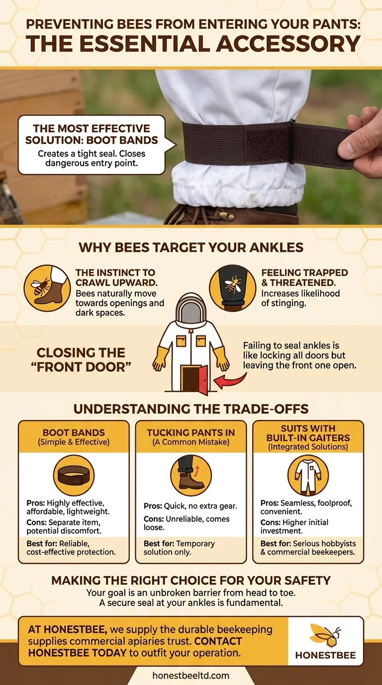 What additional accessory can help prevent bees from entering your pants while beekeeping? Secure Your Ankles for Sting-Free Beekeeping Visual Guide