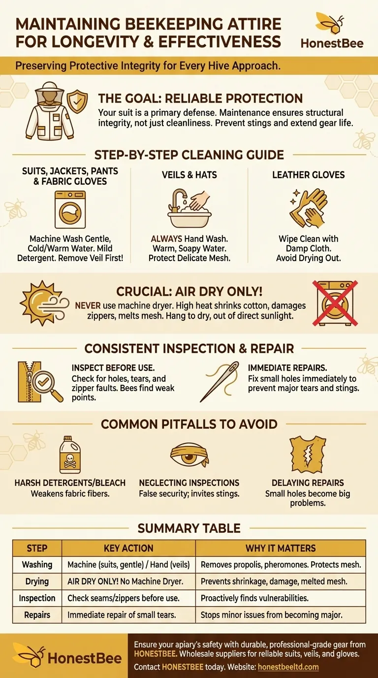 How should beekeeping attire be maintained? Extend Gear Life & Maximize Protection Visual Guide