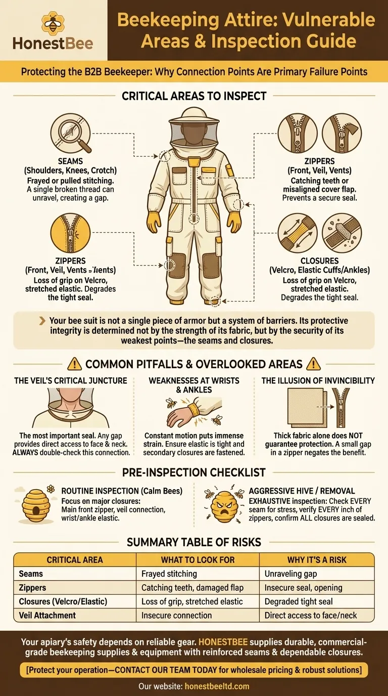 What areas of beekeeping attire are more prone to damage? Protect Your Suit's Weakest Points. Visual Guide