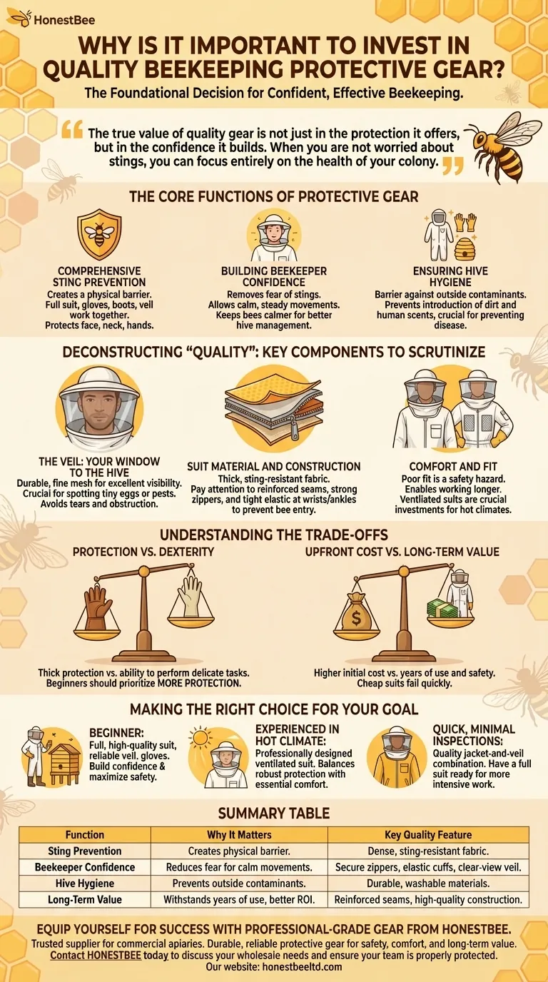 Why is it important to invest in quality beekeeping protective gear? Build Confidence and Ensure Safety Visual Guide