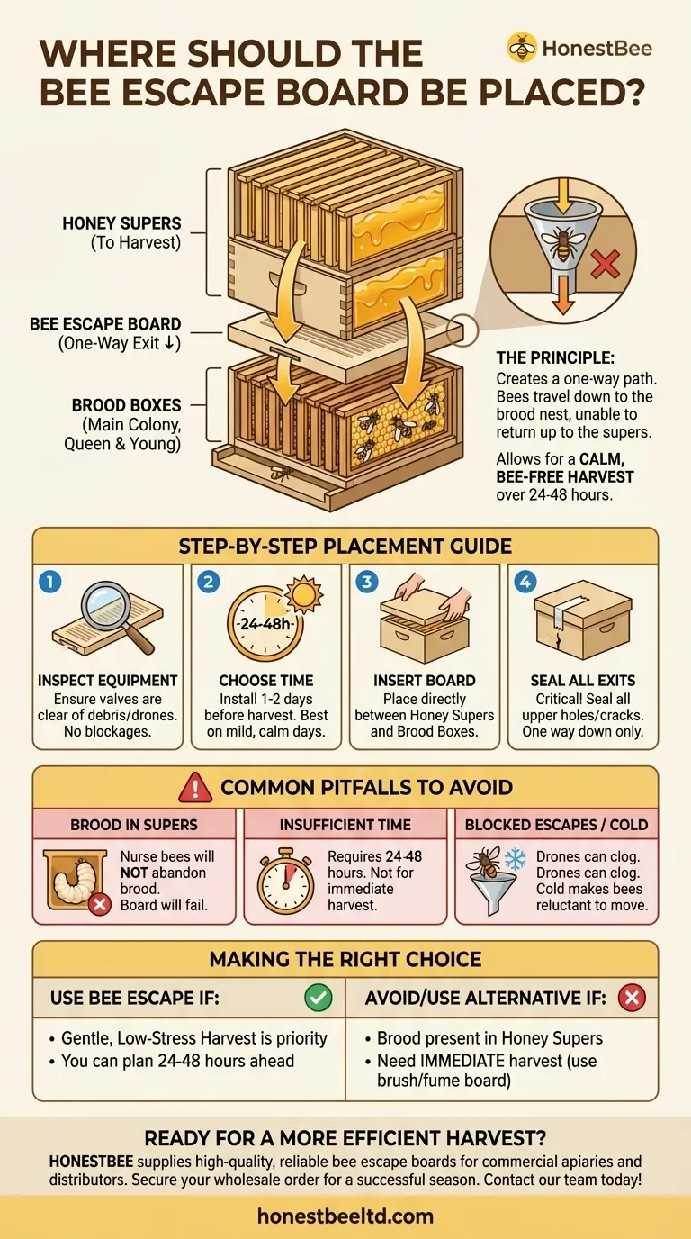 Where should the Bee Escape board be placed? For a Calm, Bee-Free Honey Harvest Visual Guide