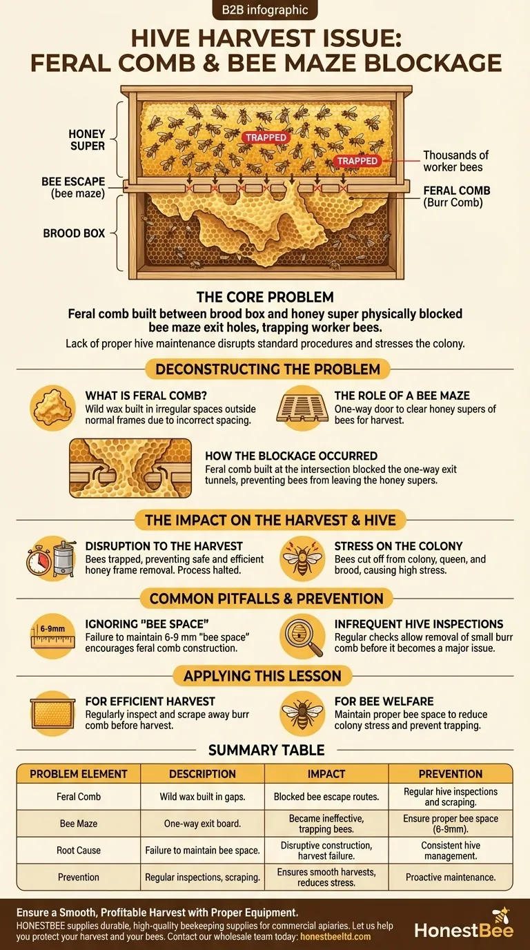 What issue occurred with one of the hives during the honey harvest? Feral Comb Blocked the Bee Maze Visual Guide