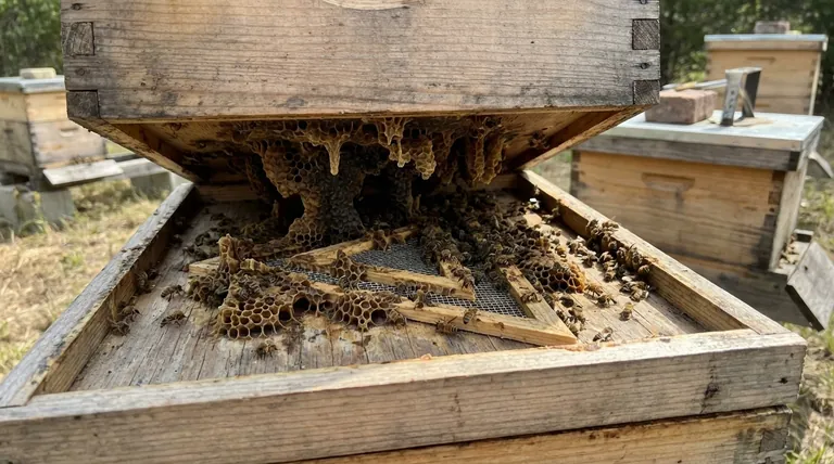 What issue occurred with one of the hives during the honey harvest? Feral Comb Blocked the Bee Maze