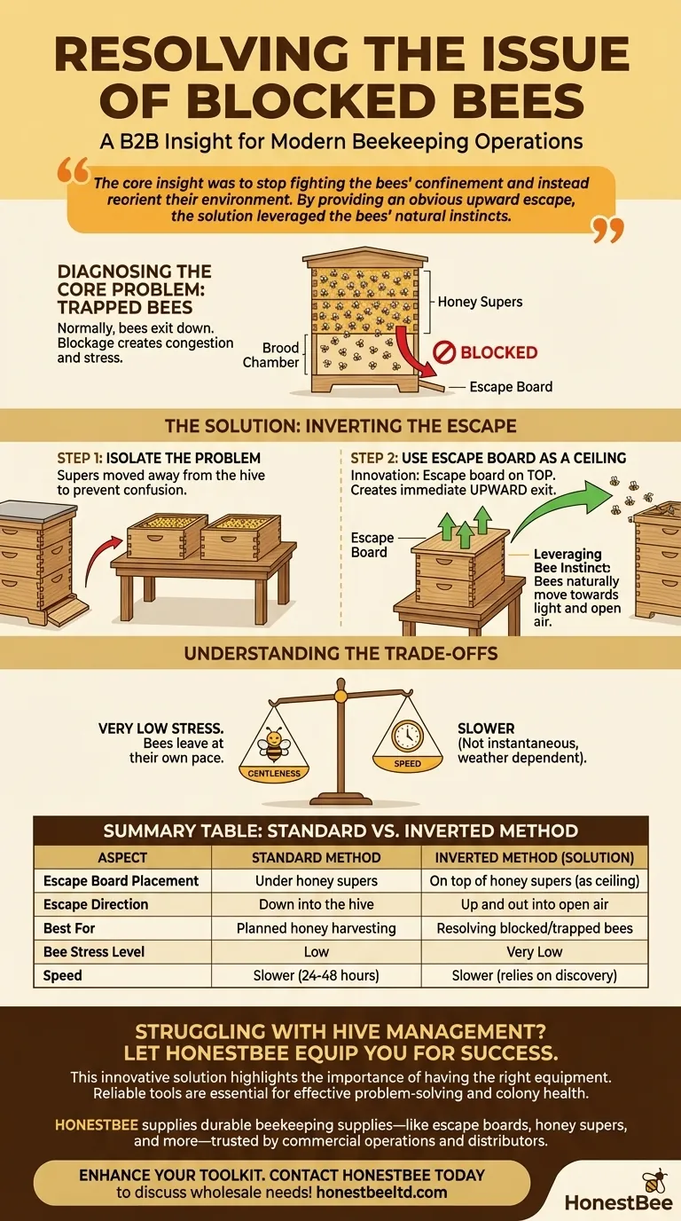 How was the issue of blocked bees resolved? A Gentle, Inverted Escape Method Visual Guide