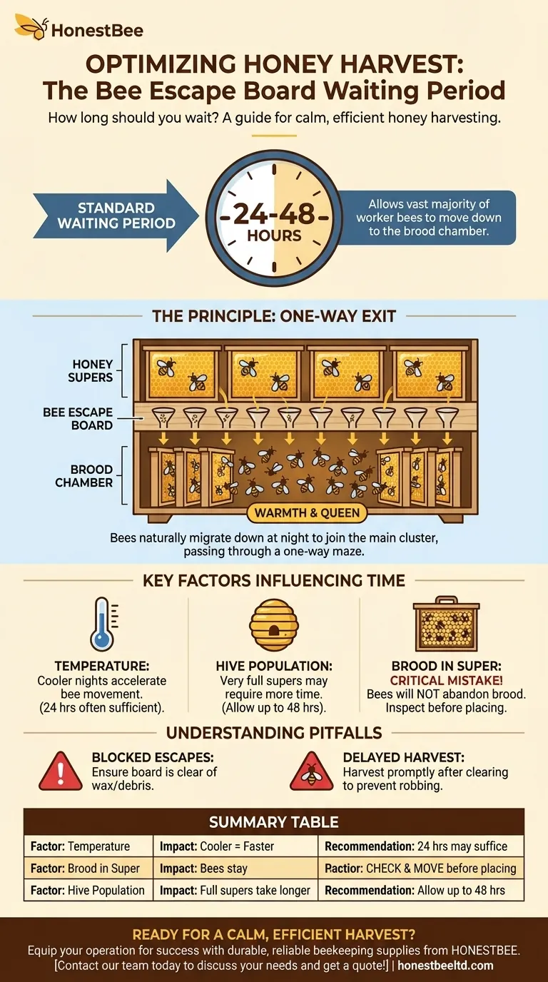 How long should you wait after placing a bee escape board before harvesting honey? Clear Your Supers in 24-48 Hours Visual Guide