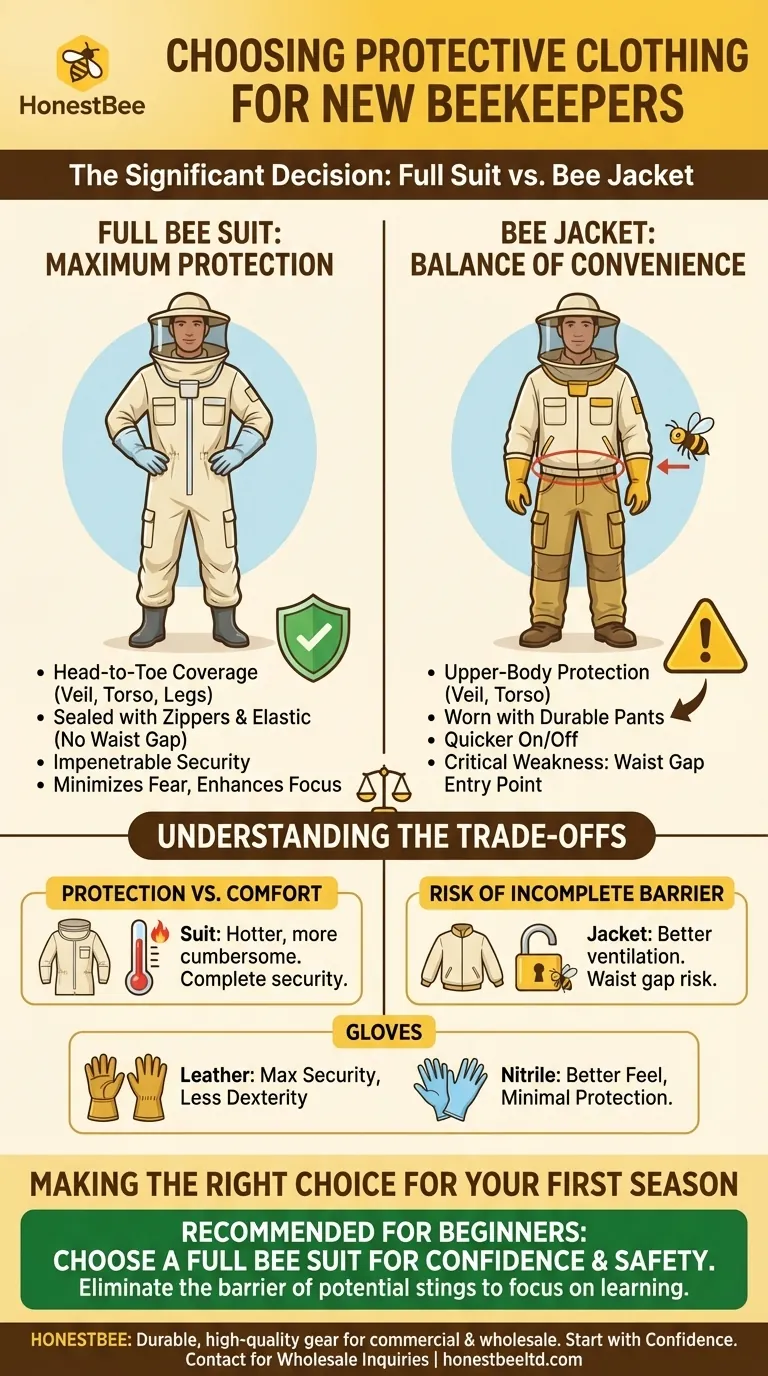 What is a significant decision for new beekeepers regarding protective clothing? Full Suit vs. Jacket Visual Guide