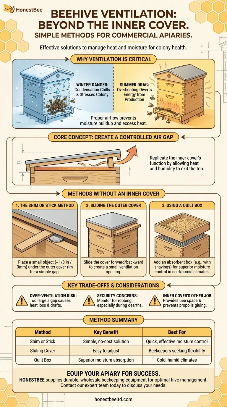 How can ventilation be added to a beehive without using an inner cover? Simple, Effective Solutions for Healthy Hives Visual Guide