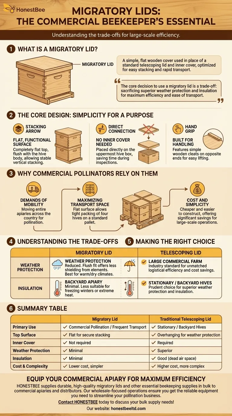 What are migratory lids, and why are they used? Maximize Efficiency for Commercial Beekeeping Visual Guide