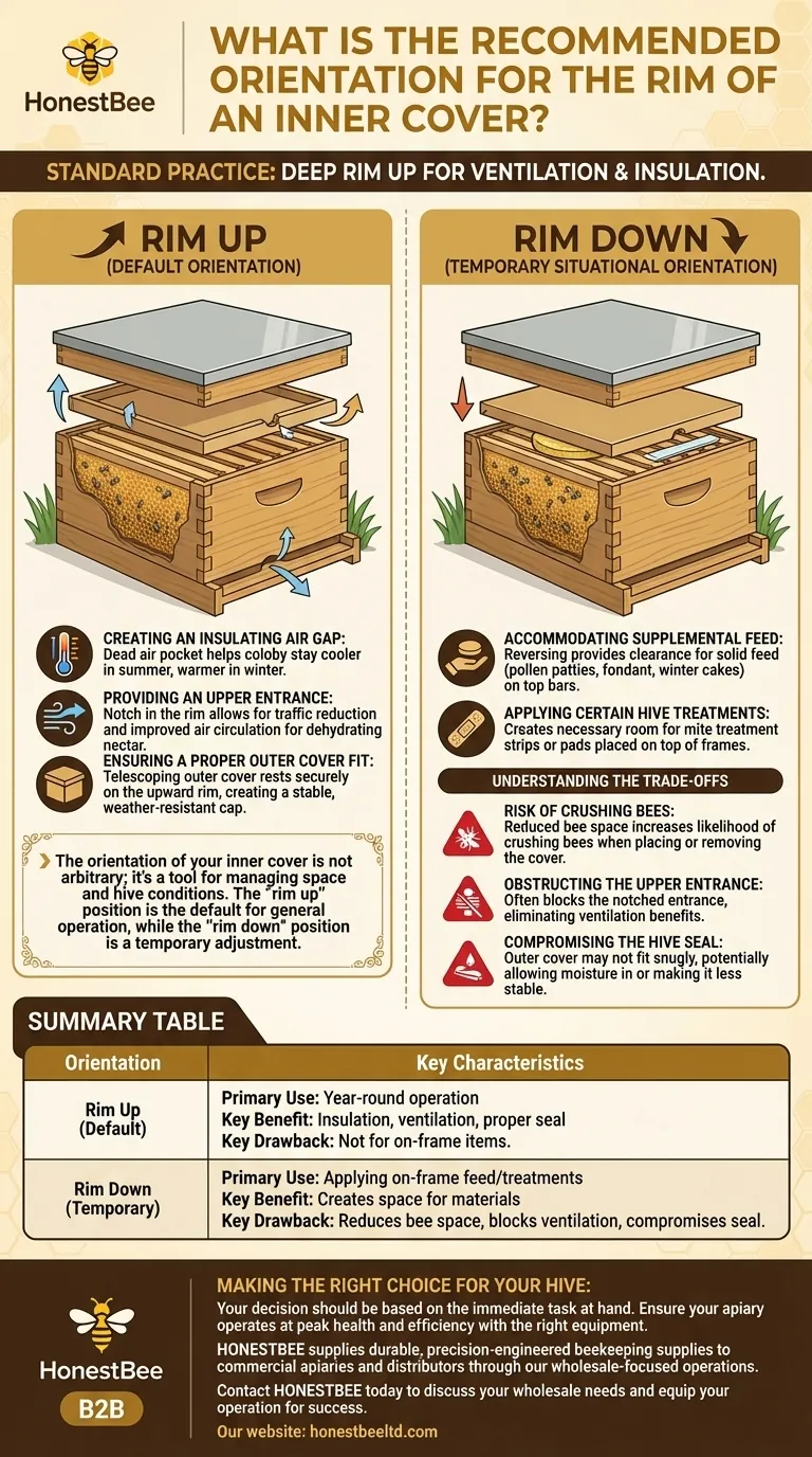 What is the recommended orientation for the rim of an inner cover? Master Hive Ventilation and Insulation Visual Guide