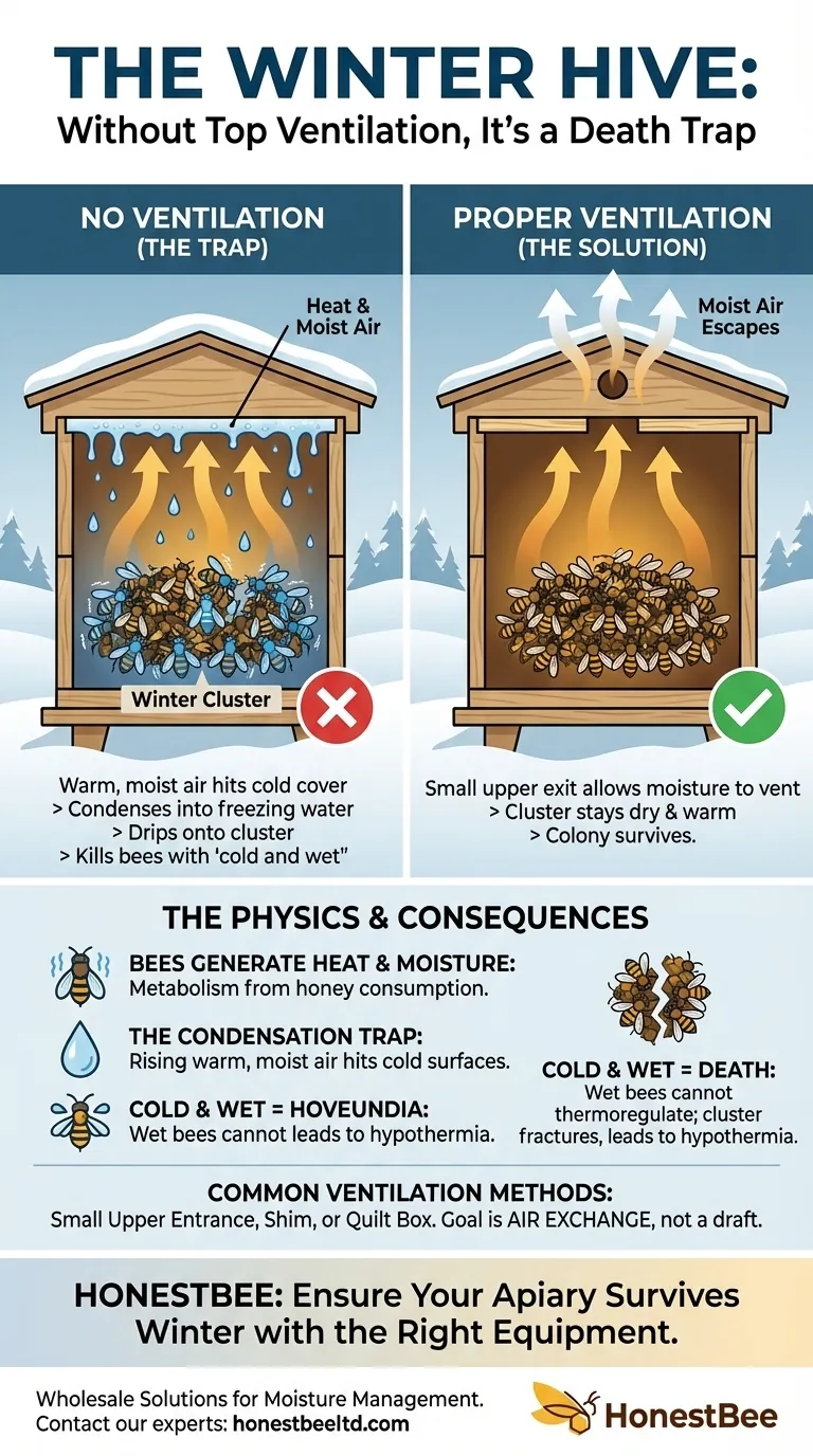 What happens if there is no ventilation at the top of a hive in winter? Prevent Deadly Condensation and Colony Loss Visual Guide