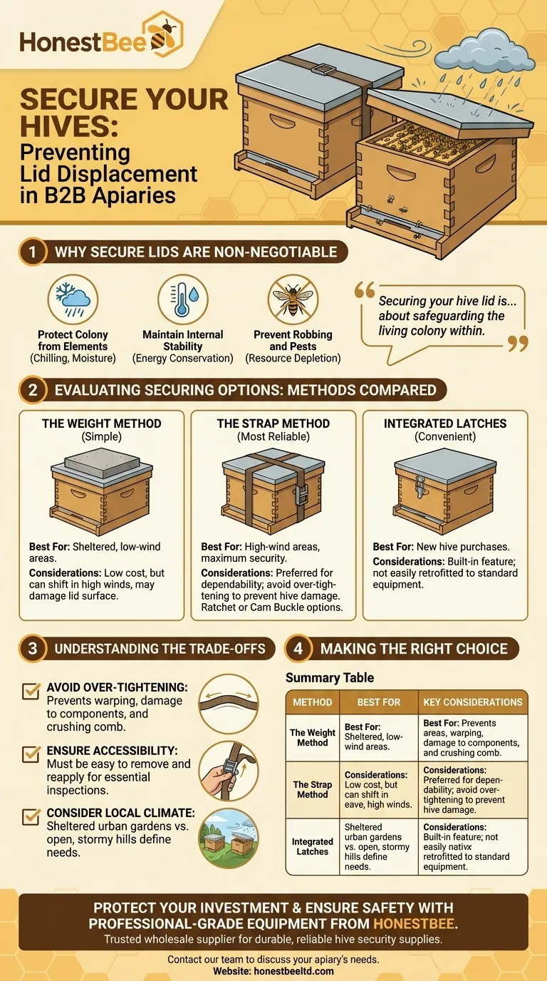 How can garden hive lids be secured to prevent them from being blown off? | Reliable Methods for Apiary Protection Visual Guide