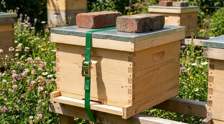 정원 벌통 뚜껑이 날아가지 않도록 고정하는 방법은 무엇인가요? | 양봉장 보호를 위한 신뢰할 수 있는 방법