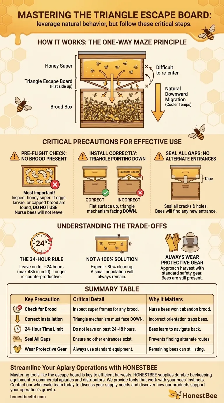 What precautions should be taken when using the triangle escape board? Master Gentle Honey Harvesting Visual Guide