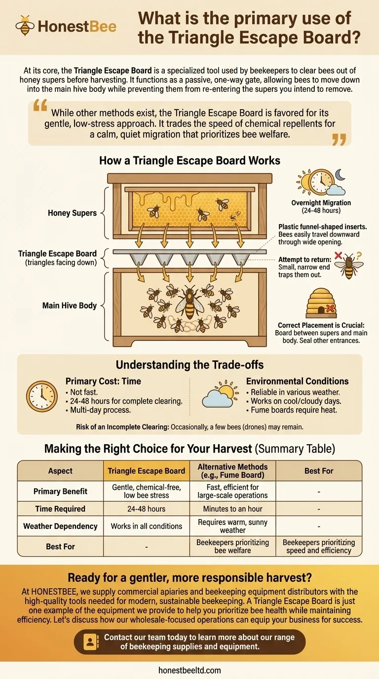 What is the primary use of the Triangle Escape Board? A Gentle, Chemical-Free Harvesting Tool Visual Guide