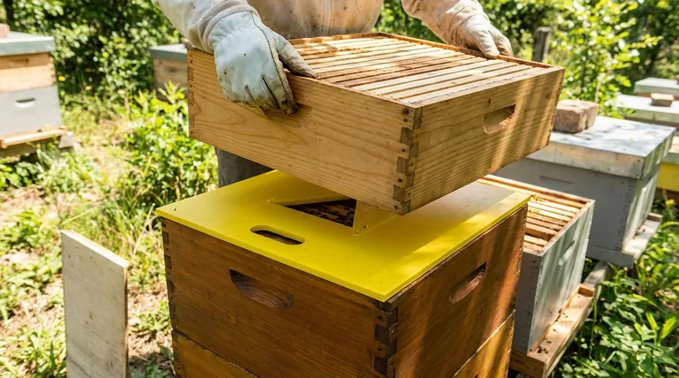 How is the Triangle Escape Board positioned during use? Master the Setup for a Stress-Free Honey Harvest