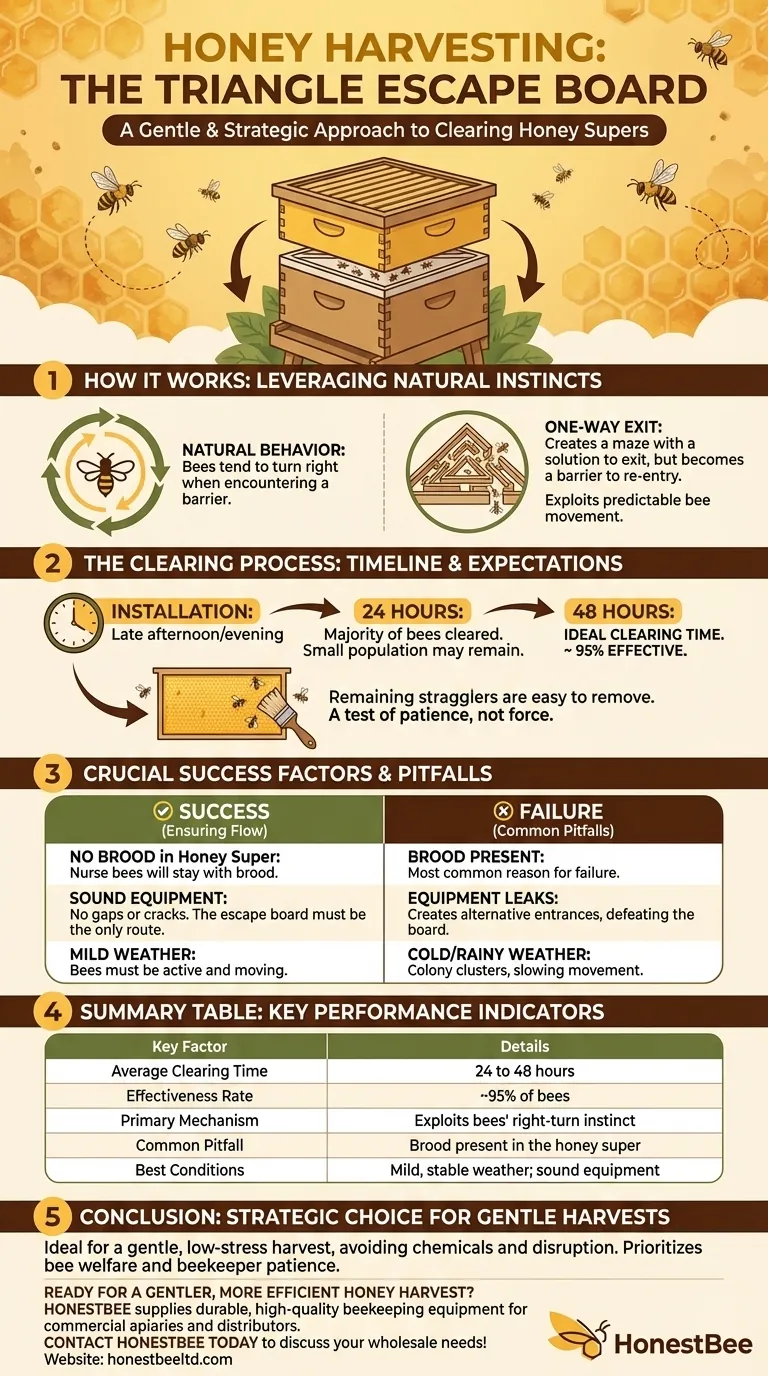 How long does it take for the Triangle Escape Board to empty the honey super of bees? A 24-48 Hour Guide Visual Guide