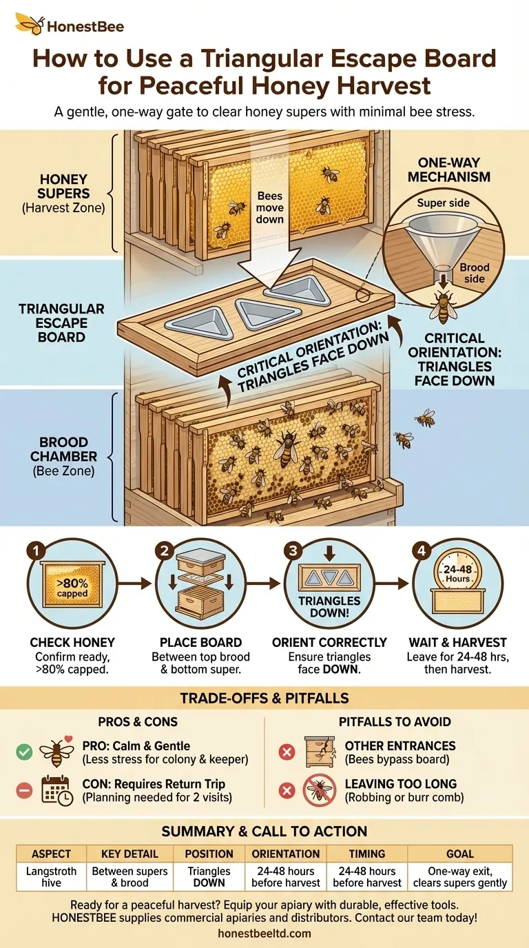 Where are Triangular Escape Boards placed during honey harvest? Ensure a Gentle, Bee-Free Harvest Visual Guide
