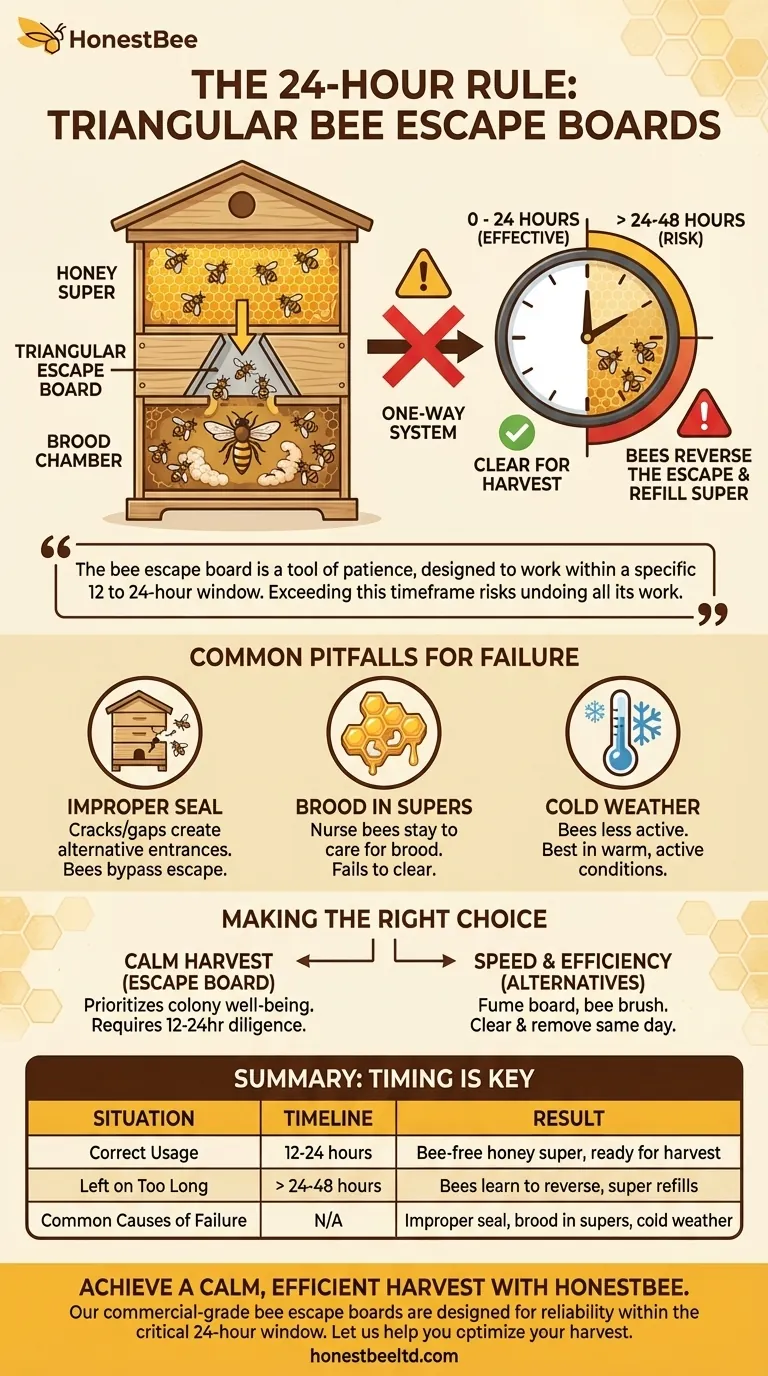 What happens if Triangular Escape Boards are left on for more than 24 hours? Risk of Bee Re-Entry and Failed Harvest Visual Guide