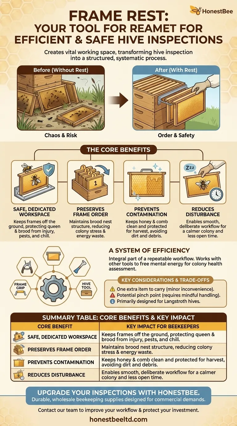 Como o suporte de quadros beneficia o apicultor durante as inspeções de colmeias? Aumente a Eficiência e Proteja Sua Colônia Guia Visual