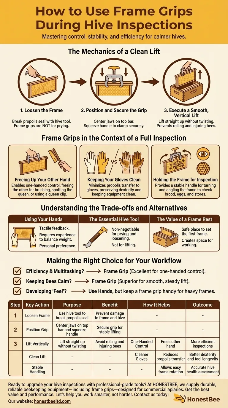 How do you use Frame Grips during hive inspections? Achieve Calmer, More Efficient Hive Inspections Visual Guide