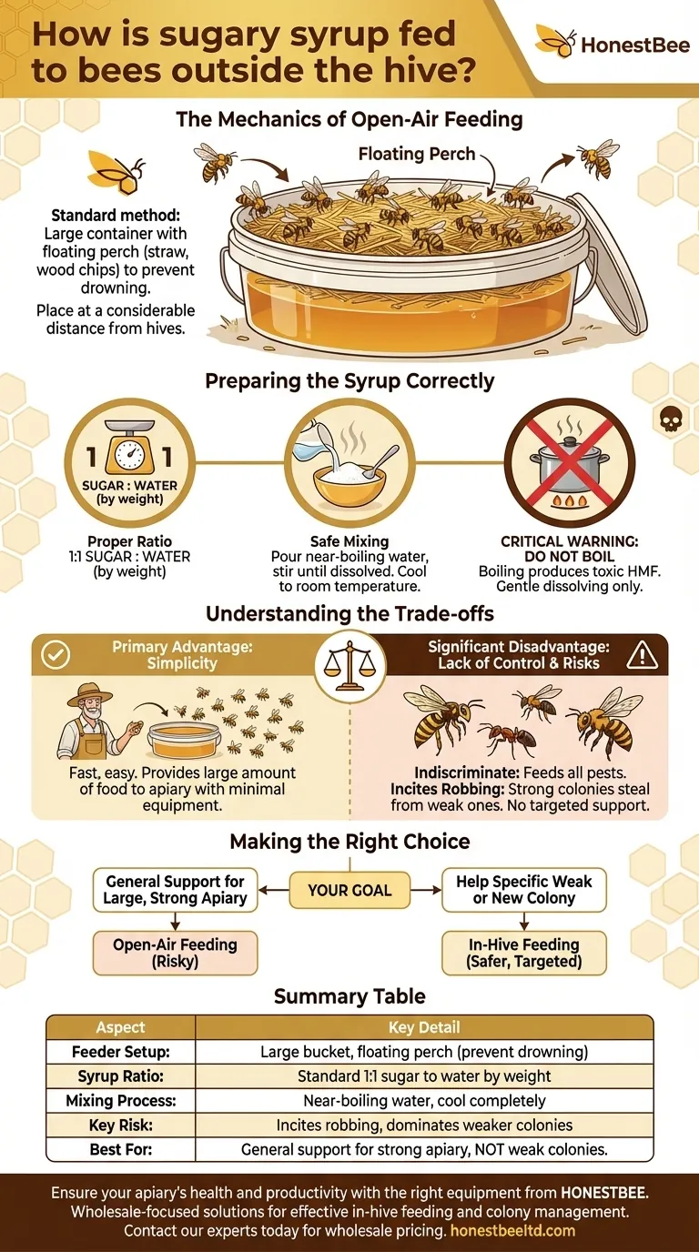 Come viene somministrato lo sciroppo zuccherino alle api all'esterno dell'arnia? Una guida all'alimentazione sicura all'aperto Guida Visiva