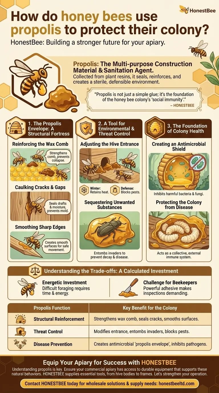 How do honey bees use propolis to protect their colony? Discover the Superorganism's Secret Weapon Visual Guide