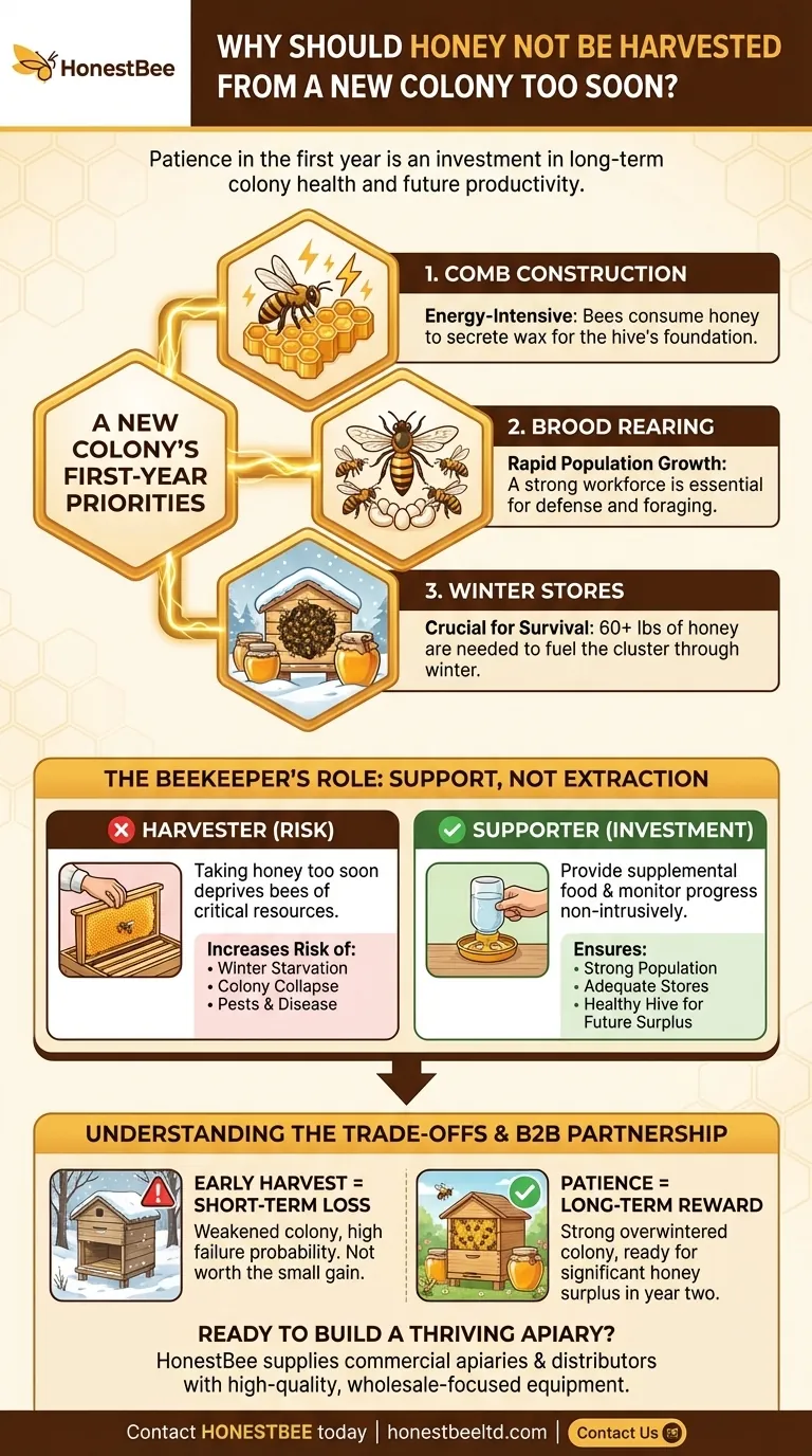 Why should honey not be harvested from a new colony too soon? A Guide to First-Year Success Visual Guide