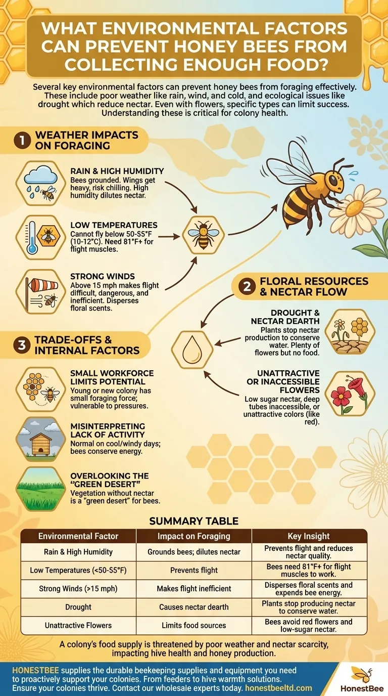 ミツバチが十分な食料を集めるのを妨げる環境要因は何ですか？巣の採餌成功を守る ビジュアルガイド