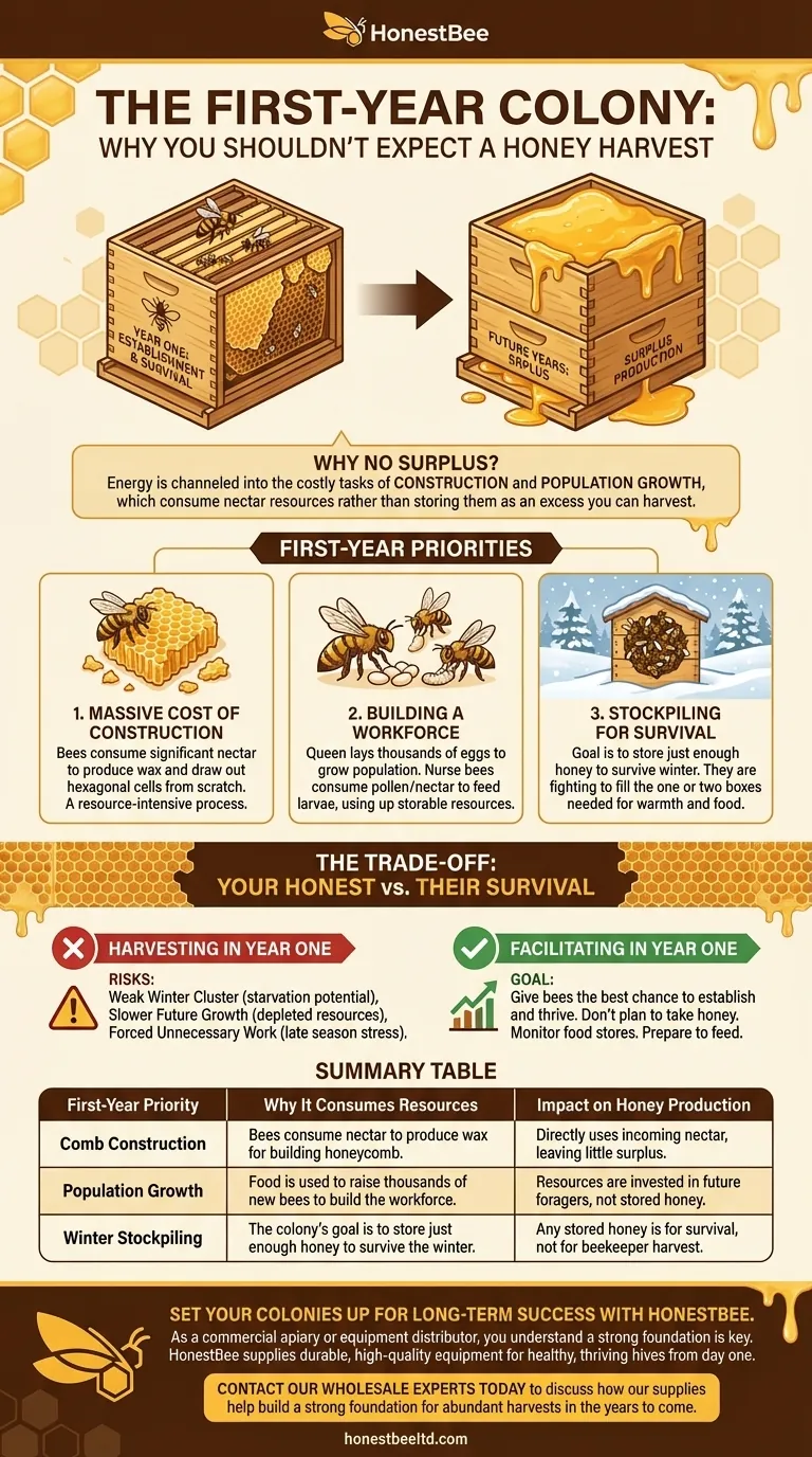 Why is it unreasonable to expect a new colony to produce honey in its first year? The Critical First-Year Investment Visual Guide