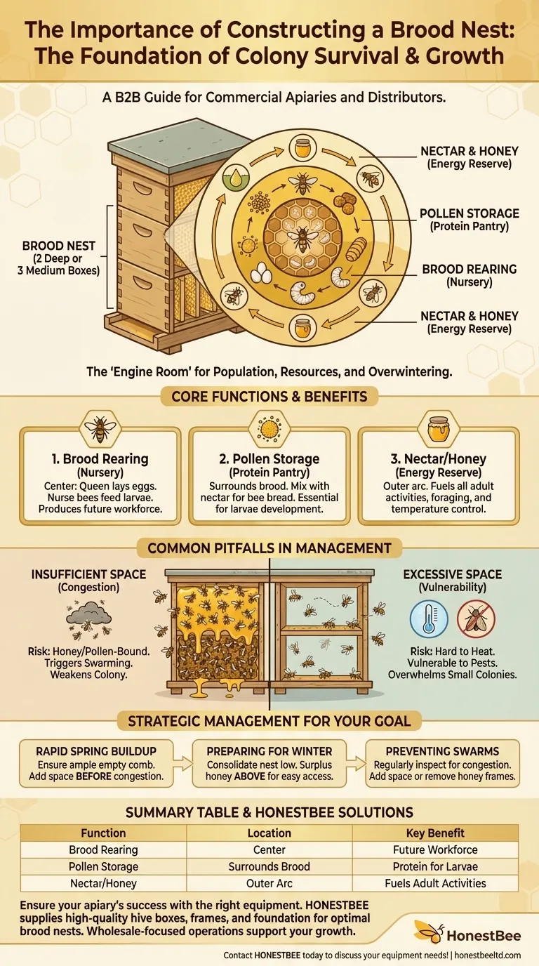 What is the importance of constructing a brood nest for bee colonies? | The Hive's Engine Room Visual Guide
