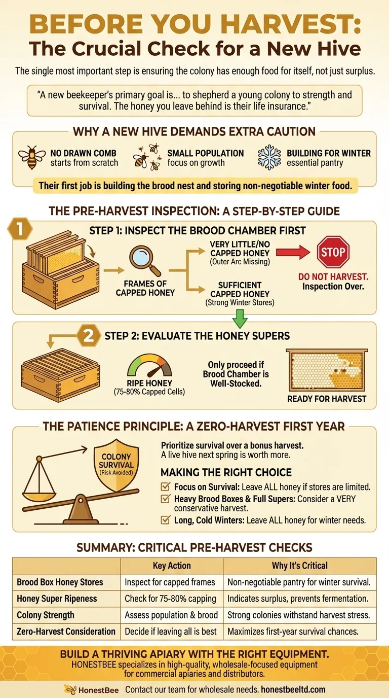 What should be checked before harvesting honey from a new hive? Ensure Colony Survival First Visual Guide