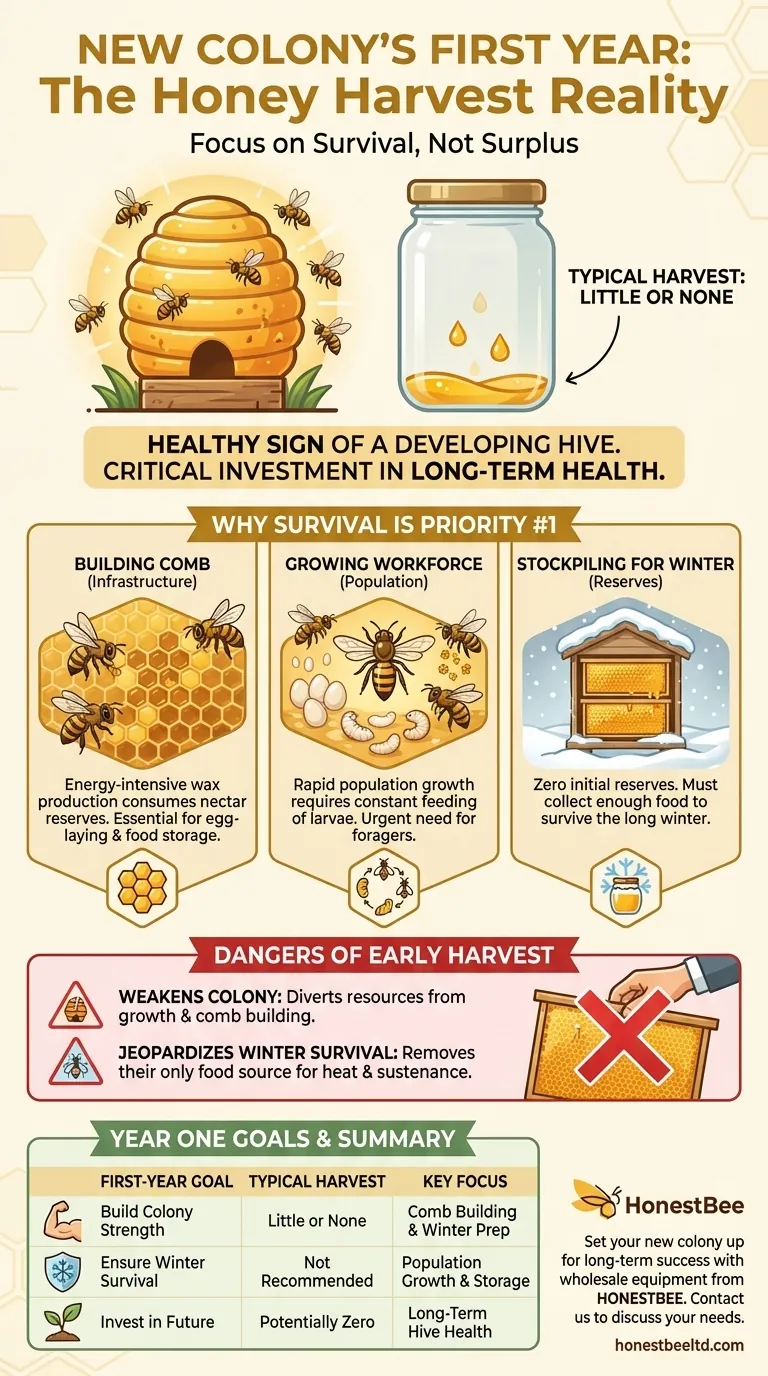 What is the typical honey harvest expectation for a new colony in its first year? A Guide for Beekeepers Visual Guide