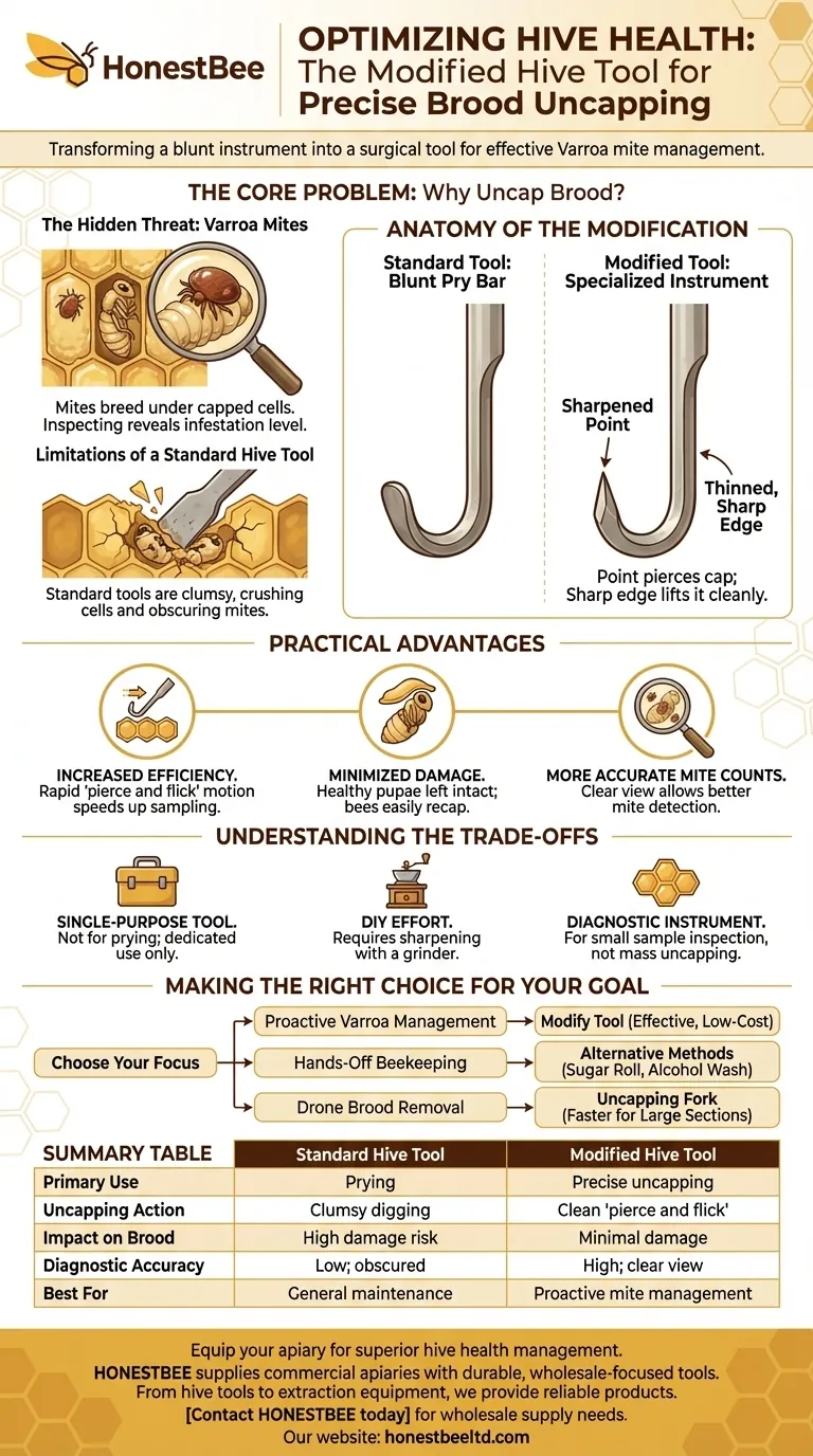 How does a modified hive tool improve the uncapping of brood? For Precise Varroa Mite Diagnosis Visual Guide