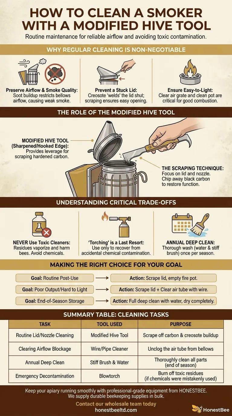 How can a modified hive tool be used to clean the smoker? A Guide to Reliable Beekeeping Visual Guide