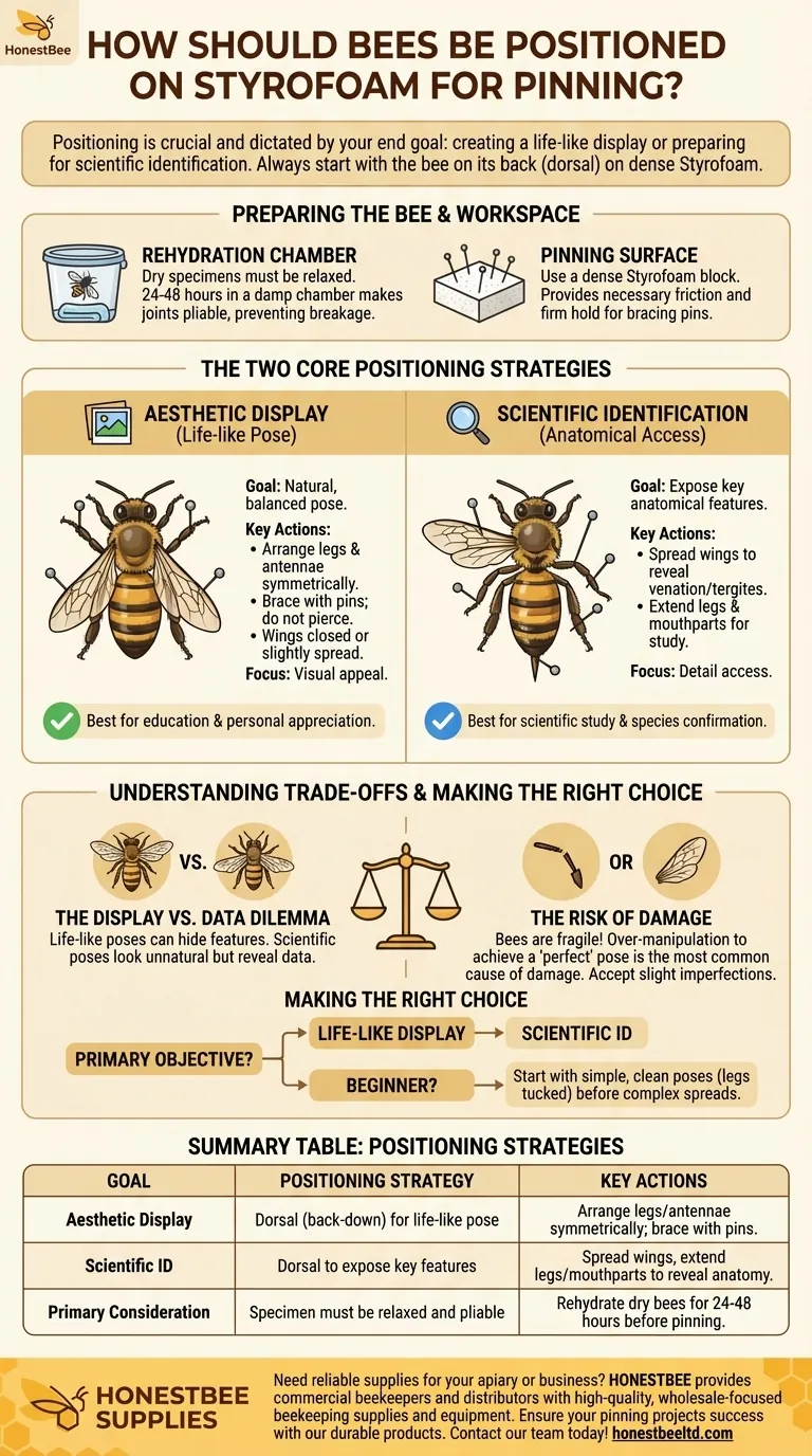 How should bees be positioned on Styrofoam during the pinning process? A Guide for Display vs. Identification Visual Guide