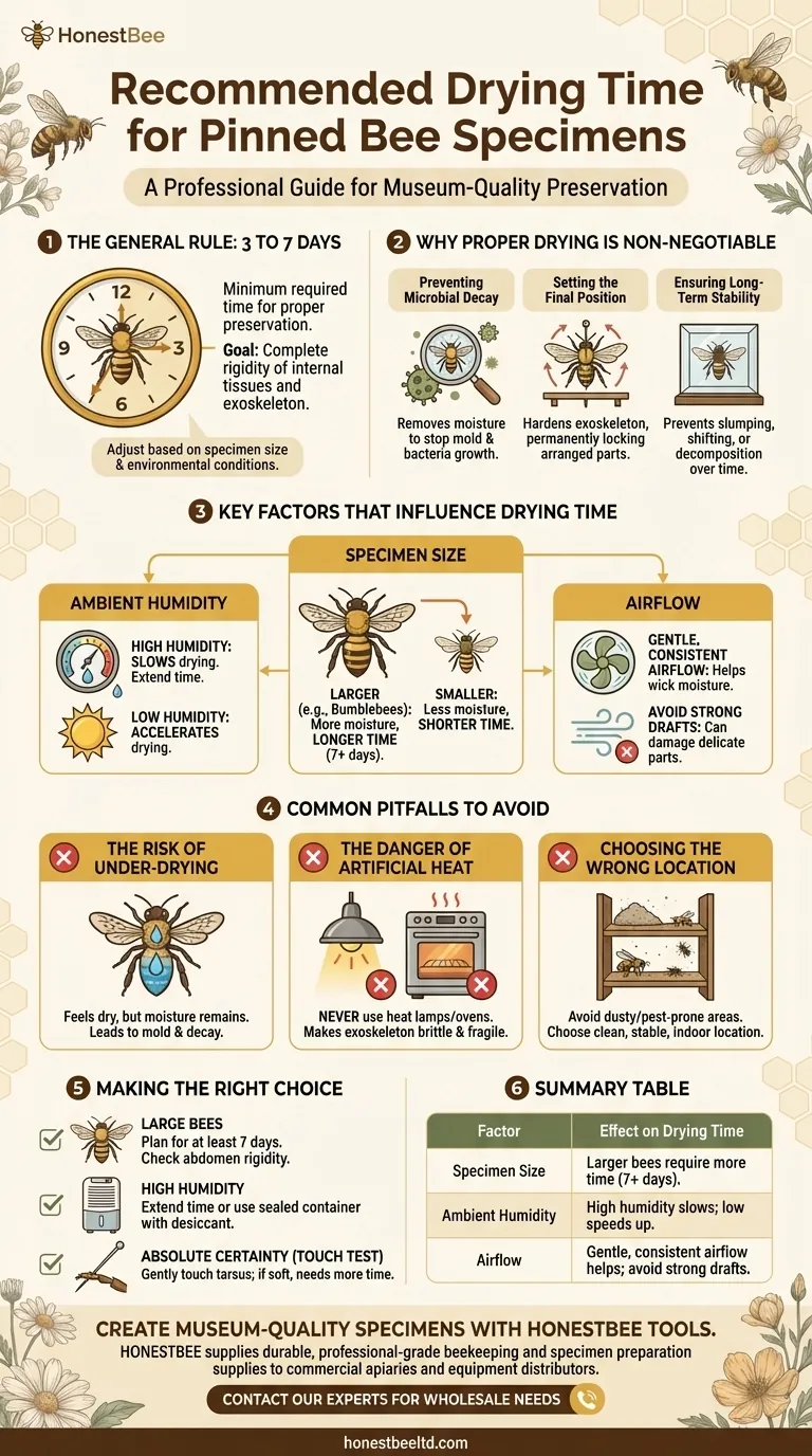 What is the recommended drying time for pinned bee specimens? Ensure Perfect Preservation Visual Guide