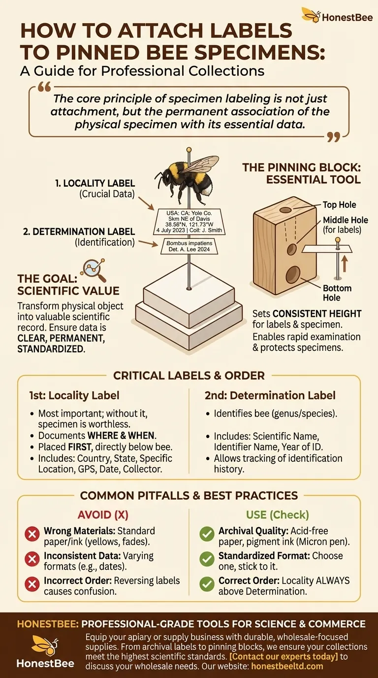 How are labels attached to pinned bee specimens? A Guide to Professional Scientific Labeling Visual Guide