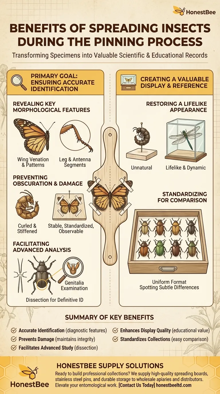 What are the benefits of spreading insects during the pinning process? Elevate Specimens for Scientific Accuracy Visual Guide